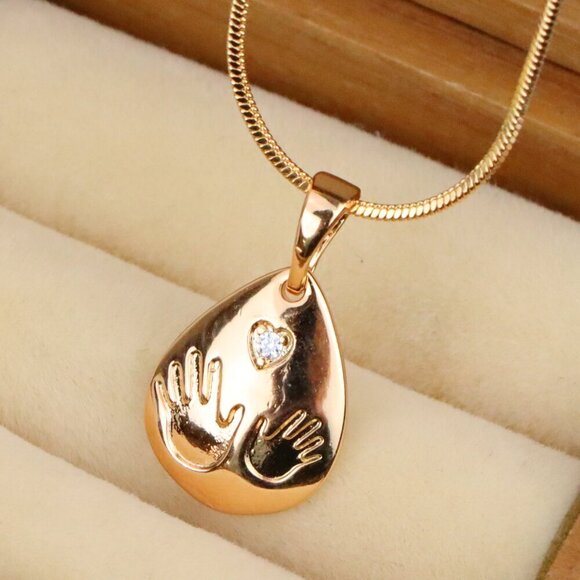 "Rose Gold Teardrop Pendant with Hand Imprint & Heart Accent Design, XPPT1382 - Picture 1 of 13